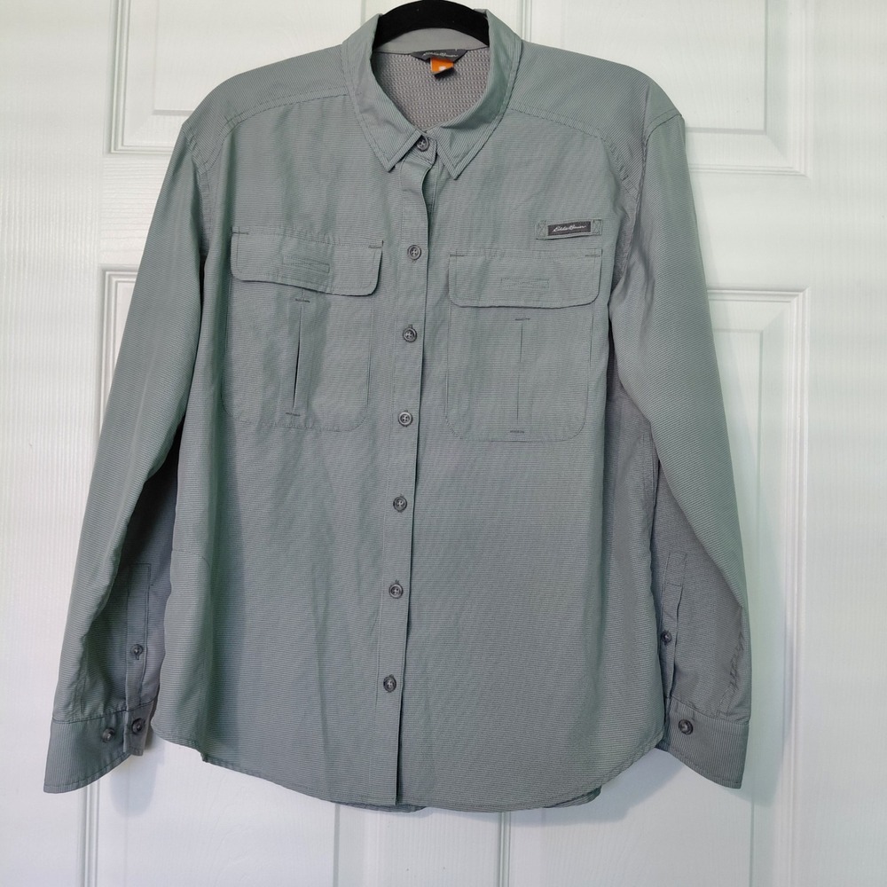 Eddie Bauer Womens PM Sage Green Micro Check Ventilated Hiking Shirt Roll Tab